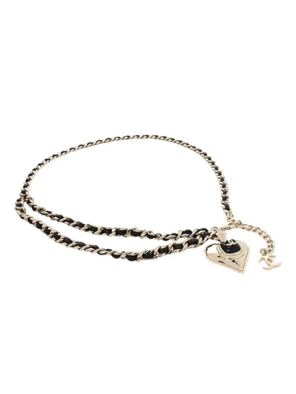 CHANEL Black and Gold Leather-Woven Chain Belt with Heart Charm - Picture 1 of 1